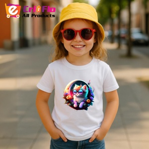 Tricou Pisica curcubeu pe luna cu ochelari si flori fundal alb Copii | Dama | Barbat - Img 11