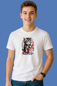 Tricou Pisica De Craciun Langa Brad Si Cadouri, din bumbac 100%, tricou alb, Copii | Dama | Barbat - Img 3