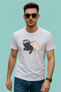 Tricou Pisica Gri Amuzanta Hello Fundal Inchis, din bumbac 100% , tricou alb pentru Copii | Dama | Barbat - Img 3