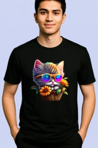Tricou Pisica gri cu ochelari roz si floare galbena Copii | Dama | Barbat, culoare negru - Img 2