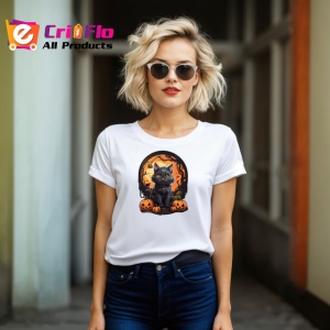 Tricou Pisica Gri Halloween Dovleci Luna Plina, din bumbac 100% , tricou alb pentru Copii | Dama | Barbat - Img 8