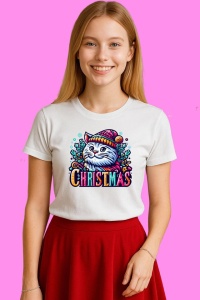 Tricou Pisica In Pulover Colorat Cu Text Christmas, din bumbac 100%, tricou alb, Copii | Dama | Barbat - Img 1