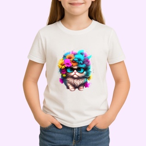 Tricou Pisica pufoasa cu ochelari mari si flori colorate Copii | Dama | Barbat - Img 4