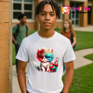 Tricou Pisica pufoasa cu ochelari si fundita mare rosie Copii | Dama | Barbat - Img 4