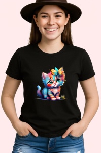 Tricou Pisicuta adorabila cu ochi mari si flori pastel Copii | Dama | Barbat, culoare negru - Img 3