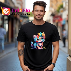 Tricou Pisicuta adorabila cu ochi mari si flori pastel Copii | Dama | Barbat, culoare negru - Img 6