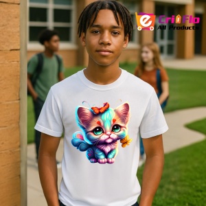 Tricou Pisicuta albastra cu fundita si fluture portocaliu Copii | Dama | Barbat - Img 4