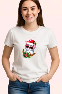 Tricou Pisicuta Craciun cu fundal alb si ochelari mari Copii | Dama | Barbat - Img 3