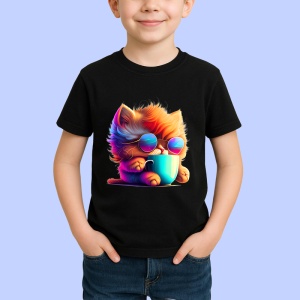 Tricou Pisicuta cu blana curcubeu si cana fundal galben Copii | Dama | Barbat, culoare negru - Img 4