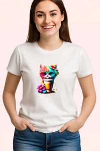 Tricou Pisicuta cu cana cafea si flori mov galbene Copii | Dama | Barbat - Img 3