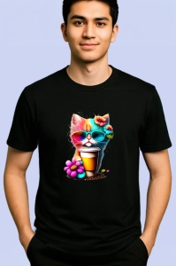 Tricou Pisicuta cu cana cafea si flori mov galbene Copii | Dama | Barbat, culoare negru - Img 2