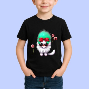 Tricou Pisicuta cu fundita rosu si baston zahar verde Copii | Dama | Barbat, culoare negru - Img 4