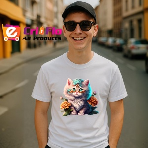 Tricou Pisicuta pufoasa cu floare si fundal alb luminos Copii | Dama | Barbat - Img 6