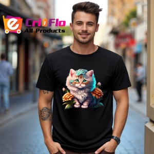 Tricou Pisicuta pufoasa cu floare si fundal alb luminos Copii | Dama | Barbat, culoare negru - Img 6