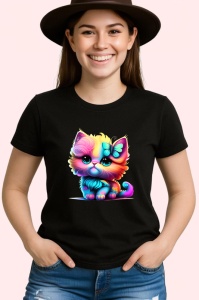 Tricou Pisicuta pufoasa cu flori si fundita imagine vesela Copii | Dama | Barbat, culoare negru - Img 3
