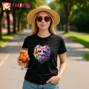 Tricou Pisicuta roz in forma de inima cu ochelari fundal alb Copii | Dama | Barbat, culoare negru - Img 7