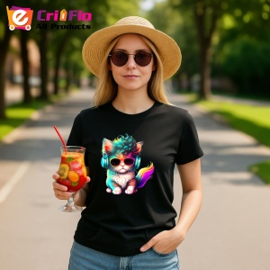 Tricou Pisicuta tigrata cu ochelari si flori in par Copii | Dama | Barbat, culoare negru - Img 7
