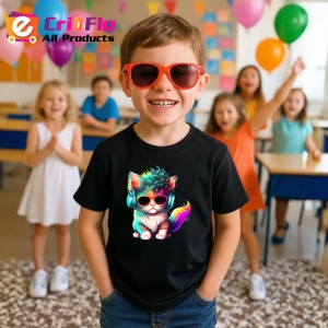 Tricou Pisicuta tigrata cu ochelari si flori in par Copii | Dama | Barbat, culoare negru - Img 11