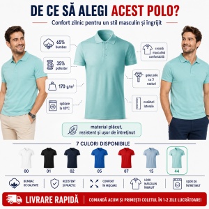 Tricou Polo Bărbați Joy, 65% Bumbac, 35% Poliester, 170 g/m², Guler Polo cu 3 Nasturi, Mărimi S–3XL, 7 Culori - Img 2