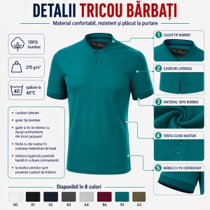 Tricou Polo Bărbați Malfini 273 Diamond, 100% Bumbac, 215 g/m², Guler Tip Bomber, 8 Culori - Img 3