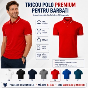 Tricou Polo Bărbați Malfini Premium Perfection Plain, 95% Bumbac, 5% Elastan, Slim Fit, 200 g/m², Guler Contrast - Img 9