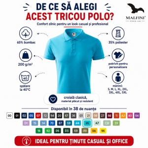 Tricou Polo Bărbați simplu, Malfini – Casual Office,Regular Fit, Bumbac 65% 38 Culori, S-5XL - Img 2