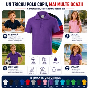 Tricou Polo Copii pentru Uniformă Școlară, Fete și Băieți, cu Guler - Img 8