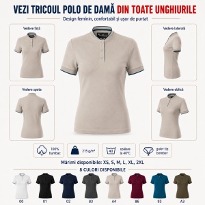 Tricou Polo Damă Malfini Diamond 274 – 100% Bumbac, 215 g/m², Guler Tip Bomber, Croială Cambrată - Img 4