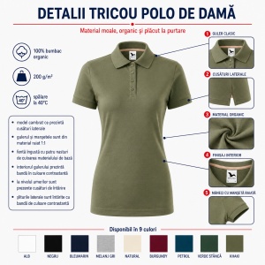 Tricou Polo Damă Malfini Prime GOTS 235 – 100% Bumbac Organic, 200 g/m², Croială Cambrată - Img 3