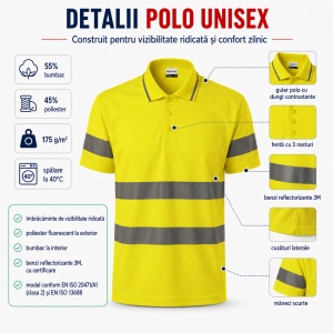 Tricou Polo Reflectorizant Unisex Damă/Bărbat HV Runway 2V9 cu Guler – Benzi 3M, 55% Bumbac - Img 3