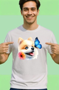 Tricou Pomeranian cu fluture albastru si floare roz adorabil si pufos Copii | Dama | Barbat Barbat - Img 2