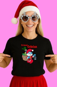 Tricou Primul Craciun Strumfi Tata, din bumbac 100% Copii | Dama | Barbat - Img 3