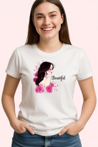 Tricou Profil Femeie Eleganta Flori Roz Fundal Gri, din bumbac 100% , tricou alb pentru Copii | Dama | Barbat - Img 2