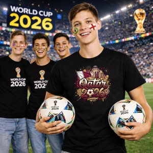 Tricou Qatar World Cup 2026 Fifa, din bumbac 100%, tricou negru, Copii | Dama | Barbat - Img 7