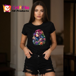 Tricou Rainbow curls girl roses tattoo, fata cu bucle curcubeu si tatuaj trandafiri, Copii | Dama | Barbat , tricou negru