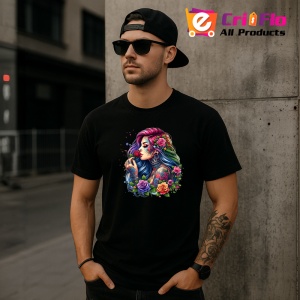 Tricou Rainbow curls girl roses tattoo, fata cu bucle curcubeu si tatuaj trandafiri, Copii | Dama | Barbat , tricou negru - Img 11