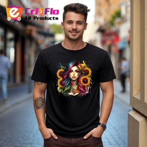 Tricou Rainbow hair girl sunflower tattoo, fata cu par curcubeu si tatuaj floarea soarelui, Copii | Dama | Barbat , tricou negru - Img 10