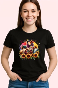 Tricou Reading girl sunflower field, fata citind in lan de floarea soarelui, Copii | Dama | Barbat , tricou negru - Img 3