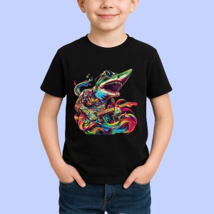 Tricou Rechin cu chitara in stil graffiti pop art Copii | Dama | Barbat, culoare negru - Img 3