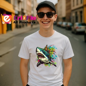 Tricou Rechin verde cu stropi colorati fundal alb Copii | Dama | Barbat - Img 5