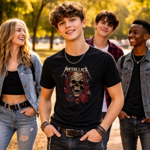 Tricou Rock Metallica, Design Craniu Bandajat și Chitări, din bumbac 100%, tricou negru, Dama | Barbat - Img 4