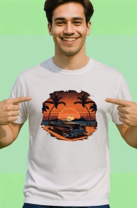 Tricou Rulota portocalie pe plaja cu palmieri si apus 2 Copii | Dama | Barbat - Img 2