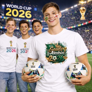Tricou Saudi Arabia World Cup 2026 Fifa, din bumbac 100%, tricou alb, Copii | Dama | Barbat - Img 7