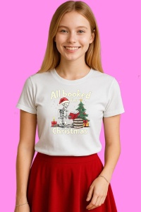 Tricou Schelet Citeste Carte Cu Caciula Mos Craciun, din bumbac 100%, tricou alb, Copii | Dama | Barbat - Img 3