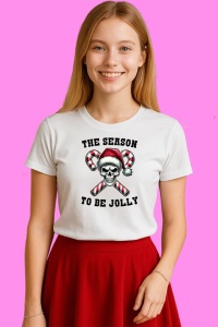 Tricou Schelet Cu Caciula Si Baston The Season To Be Jolly, din bumbac 100%, tricou alb, Copii | Dama | Barbat