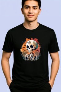 Tricou Schelet cu palarie si fundal alb stil comic Copii | Dama | Barbat, culoare negru - Img 2