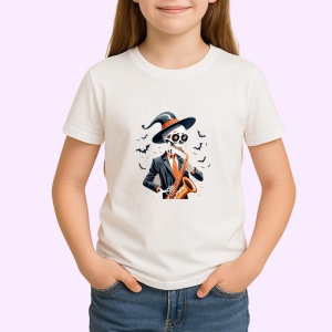 Tricou Schelet cu saxofon si costum elegant fundal alb 2 Copii | Dama | Barbat - Img 4