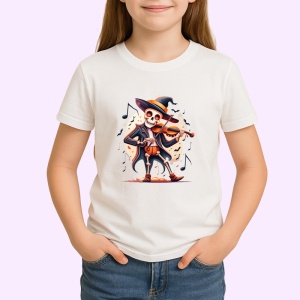 Tricou Schelet cu vioara si palarie vrajitor fundal alb Copii | Dama | Barbat - Img 3