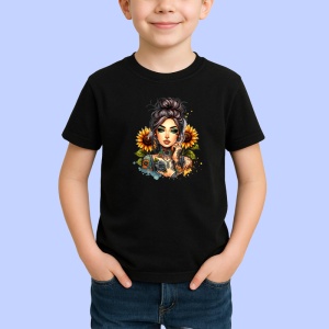 Tricou Side bun girl sunflower earrings, fata coc lateral cu cercei floarea soarelui, Copii | Dama | Barbat , tricou negru - Img 2