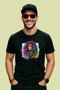 Tricou Side gaze rainbow hair girl, fata cu privire laterala si par curcubeu, Copii | Dama | Barbat , tricou negru - Img 4